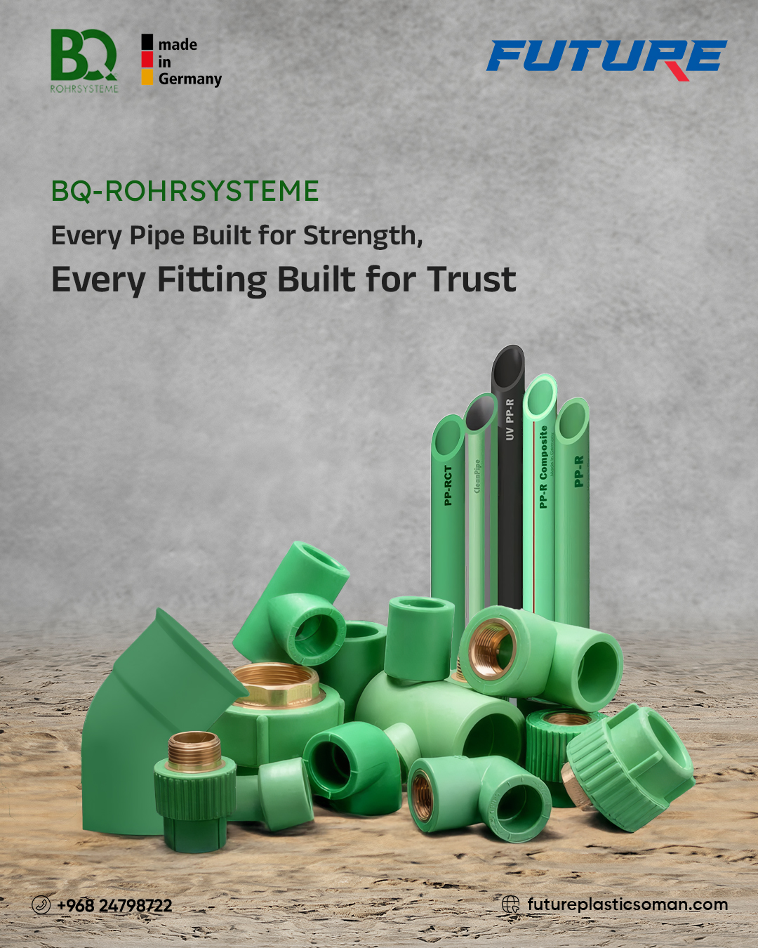 German quality you can trust.
BQ-Rohrsysteme PPR Pipes & Fittings – Built for strength. Built for reliability.