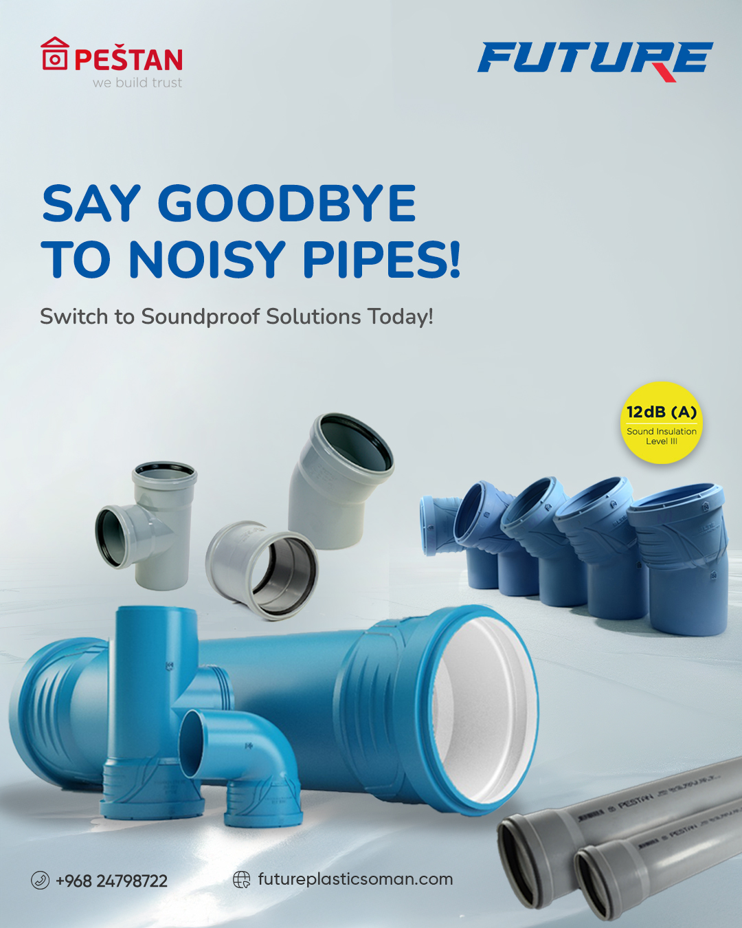 Say goodbye to noisy pipes!
Future Plastics brings you Peštan Soundproof Pipes – silence, strength, and reliability in every connection.